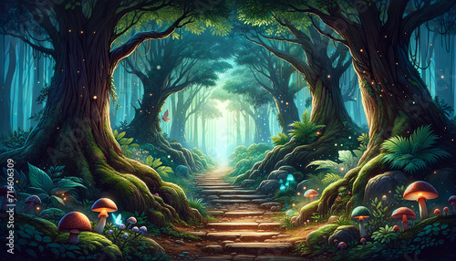 An enchanted forest path lined with towering trees and mystical mushrooms in the dreamy glow of fireflies and foliage. Concept of a fairytale illustration. AI generated. photo