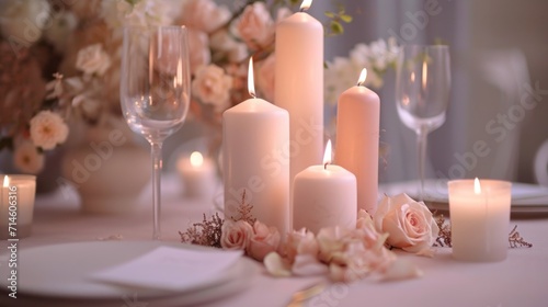  a table topped with lots of white candles next to a vase filled with flowers and a plate with a knife and fork next to a glass filled with white wine.