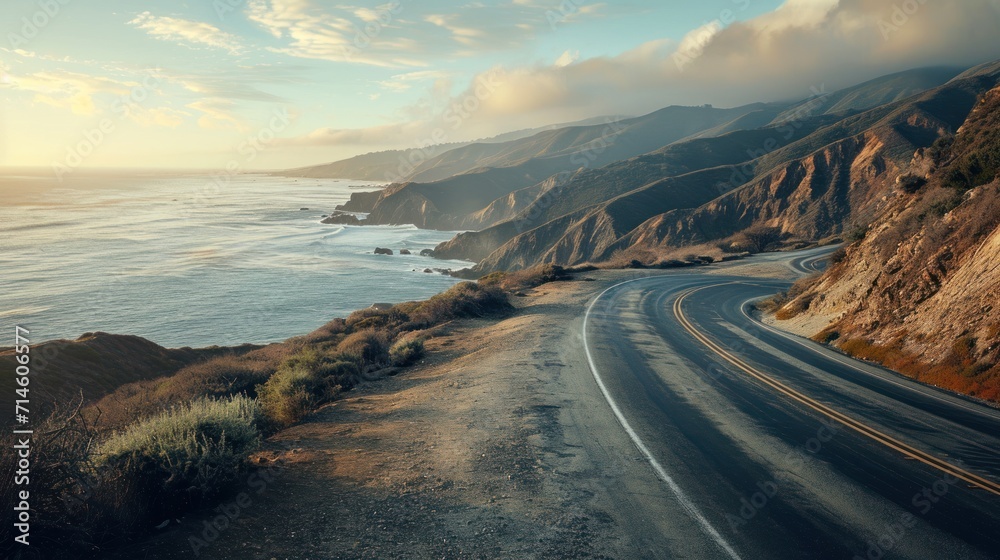 a view of a road near the ocean with a cliff on one side and a body of water in the middle of the road on the other side of the road. a view of a road near the ocean with a cliff on one side and a body of water in the middle of the road on the other side of the road.