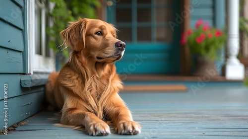 golden retriever puppy, a loyal Golden Retriever patiently waiting by the front door, eager to accompany its family on an outdoor adventure, photo