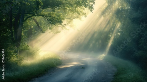  a road in the middle of a forest with sunbeams shining down on the road and trees lining the sides of the road on both sides of the road.