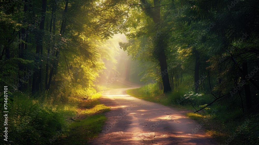 Obraz premium a dirt road in the middle of a forest with trees on both sides of it and the sun shining through the trees on the other side of the road in the distance.