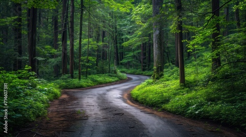 a road in the middle of a forest with lots of trees on both sides of it and a winding road in the middle of the forest with lots of trees on both sides.