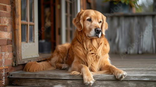 golden retriever dog, a loyal Golden Retriever patiently waiting by the front door, eager to accompany its family on an outdoor adventure,