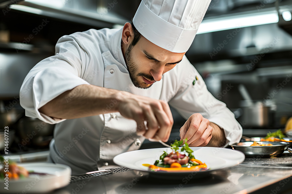 horizontal image of a young fine dining chef finishing to decorate a dish AI generated horizontal image of a young fine dining chef finishing to decorate a dish AI generated