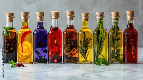  a row of glass bottles filled with different types of herbs and spices sitting on a marble counter top next to a bottle of oil and pepper shaker with a sprig.