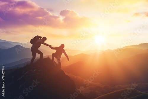 Silhouette two people helping each other hike up a mountain at sunrise or sunset. Giving a helping hand. Travel hiking journey concept.
