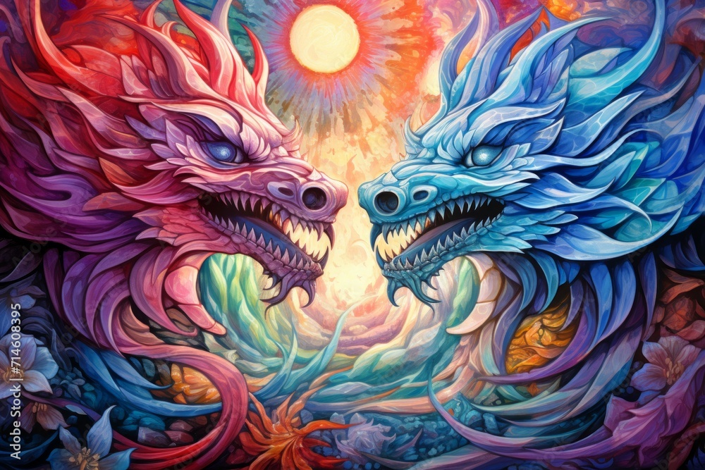 Whirling kaleidoscope dragons, casting mesmerizing patterns with their scales - Generative AI