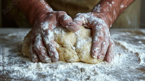  a close up of a person kneading a ball of dough on top of a table with powdered sugar on the top of the knick knacks. photo