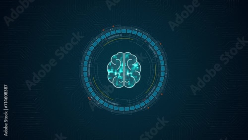 Motion graphic of Blue digital robot brain logo and circle futuristic HUD elements with Ai chatbot and machine learning technology and ai assistance concepts on circuit board abstract background