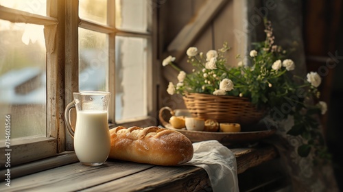  a glass of milk and a loaf of bread sit on a window sill in front of a basket of flowers and a basket of bread on a window sill.