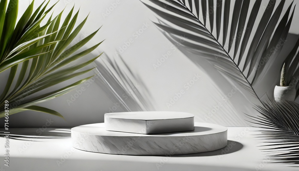 3d rendering stage background product display podium scene with leaf platform grey stand to show cosmetic product 3d stage showcase on display white background with leaf palm shadow