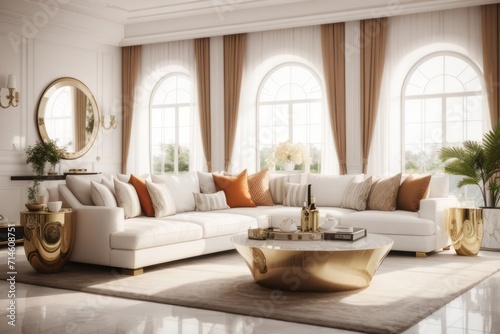 Interior home design of modern living room with white sofa and luxury villa furniture with large windows and curtain