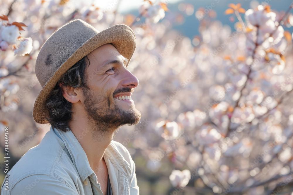 Obraz premium Smiling man enjoying spring in the garden with blooming cherry trees