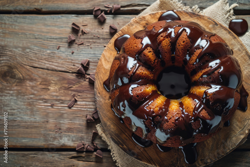 Bundt cake on the wooden table, top view