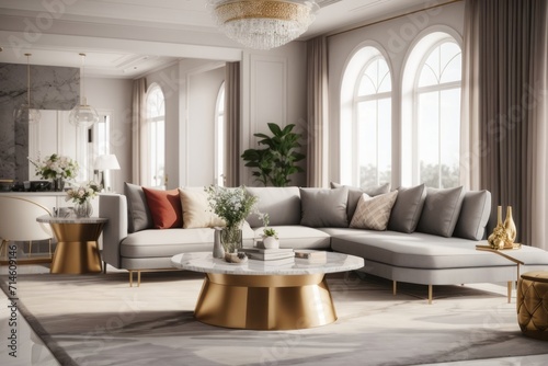 Interior home design of modern living room with gray sofas and luxurious furniture with large windows and curtains