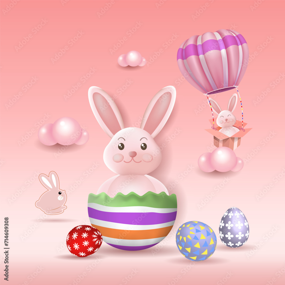 Easter poster template with Easter eggs on a light blue background. Easter bunny, greetings and gifts for Easter Day Easter poster template with Easter eggs on a light blue background. Easter bunny, greetings and gifts for Easter Day