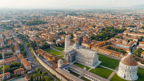 Pisa, Italy. Famous Leaning Tower and Pisa Cathedral in Piazza dei Miracoli. Summer. Morning hours, Aerial View © nikitamaykov