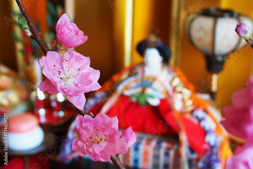 桃の花と雛人形