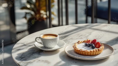  a cup of coffee sitting next to a pastry on a white plate on a marble table with a cup of coffee and a plate of berries on top of the table.