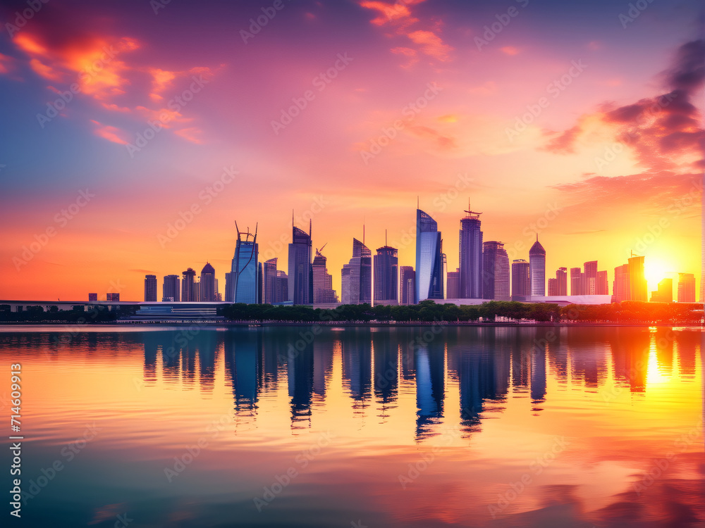 Urban Evening Glow: A stunning cityscape silhouette featuring skyscrapers against the vibrant sunset sky, reflecting on calm waters, creating a mesmerizing panorama