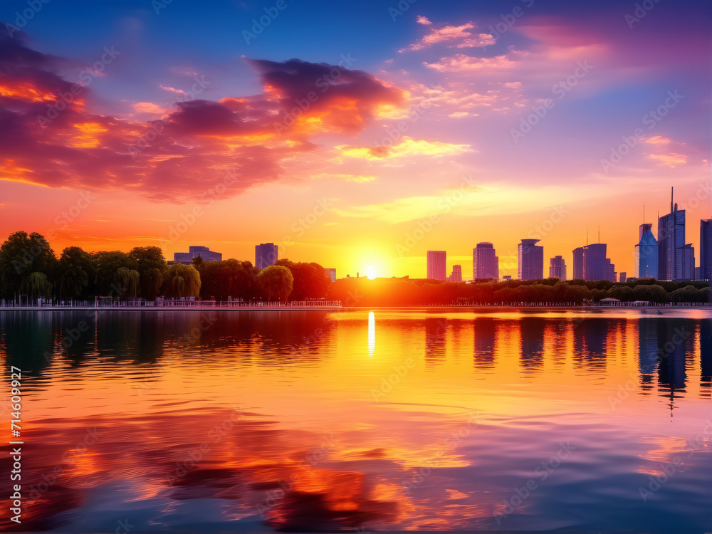 Urban Evening Glow: A stunning cityscape silhouette featuring skyscrapers against the vibrant sunset sky, reflecting on calm waters, creating a mesmerizing panorama