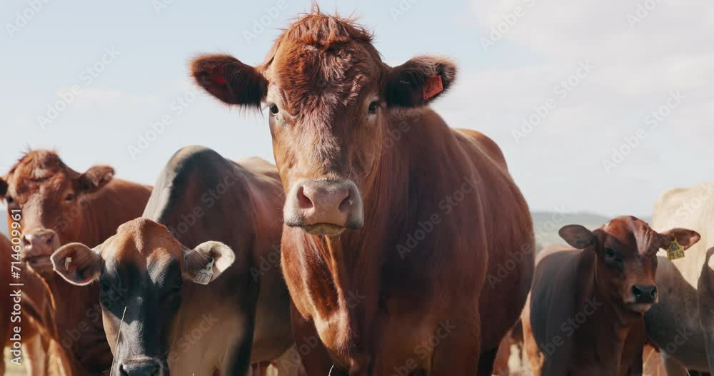 Sustainability, agriculture and cows on field, portrait of animals in countryside with mountains on farm. Nature, grass and group of cattle grazing on ranch with farming, land and morning blue sky. Sustainability, agriculture and cows on field, portrait of animals in countryside with mountains on farm. Nature, grass and group of cattle grazing on ranch with farming, land and morning blue sky.
