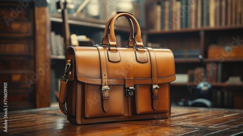  a tan leather briefcase sitting on top of a wooden table in front of a book shelf with a book case in the background and a bookcase in the background. © Olga