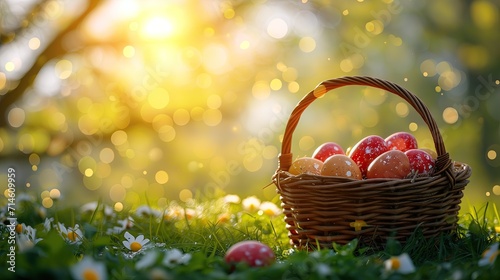 Easter Basket Filled With Colorful Eggs, Spring Flowers, and Seasonal Decorations on Green Grass and Sunny Spring Background