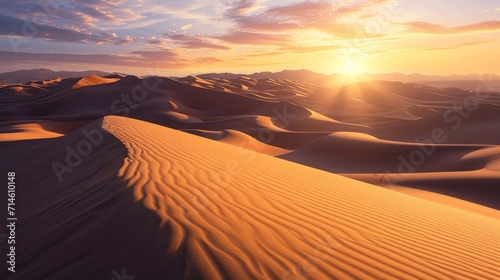  the sun is setting over a desert with sand dunes in the foreground and mountains in the distance  with a few clouds in the sky and a few clouds in the distance.