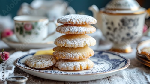  a stack of powdered sugar cookies sitting on top of a blue and white plate next to a cup of tea and a teapot on a white table cloth.