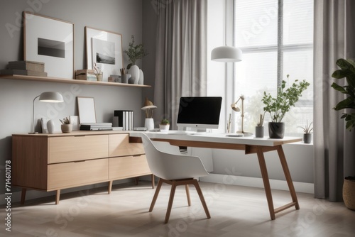 Scandinavian interior home design of modern workplace with home workplace and wooden table and chairs with gray wall near the window