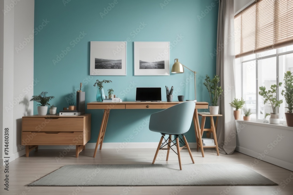 Scandinavian interior home design of modern workplace with wooden chair and laptop on a table with a turquoise wall near the window Scandinavian interior home design of modern workplace with wooden chair and laptop on a table with a turquoise wall near the window