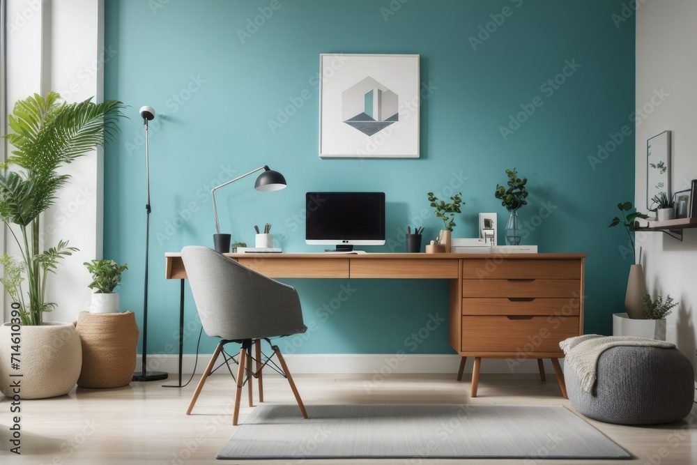 Scandinavian interior home design of modern workplace with wooden chair and laptop on a table with a turquoise wall near the window Scandinavian interior home design of modern workplace with wooden chair and laptop on a table with a turquoise wall near the window