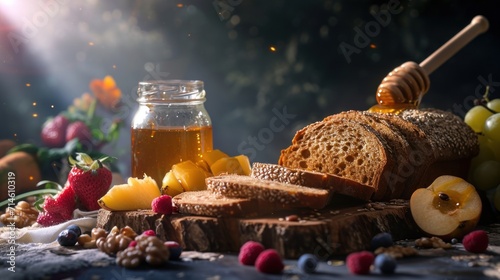  a table topped with bread and fruit next to a jar of honey and a jar of honey on top of a cutting board next to a pile of sliced fruit. © Olga