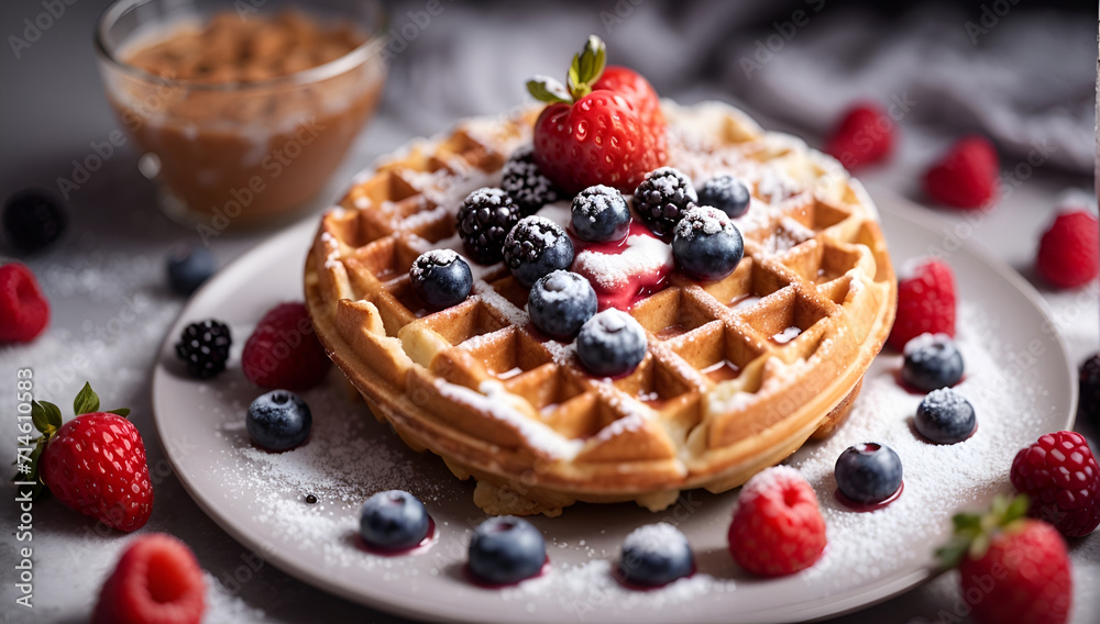 waffles with fresh berries topping and a sprinkle of icing sugar with hot chocolate as a background waffles with fresh berries topping and a sprinkle of icing sugar with hot chocolate as a background