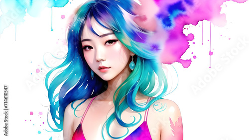 illustration water color of a beautiful asian woman with bright colorful hair