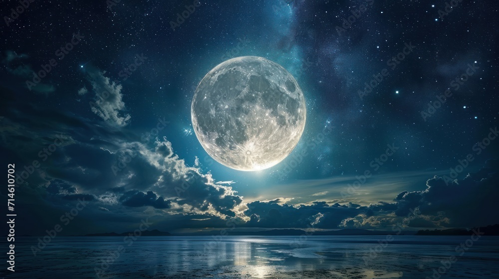  a full moon in the night sky over a body of water with a reflection of the moon on the surface of the water, and clouds in the foreground.