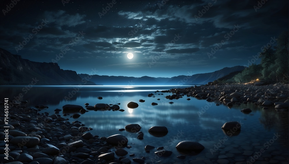 Fototapeta premium Nightfall Harmony. The beauty of a full moon landscape graces a rocky river with its luminous blue glow