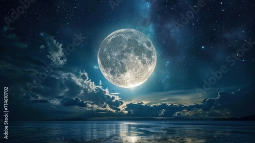  a full moon in the night sky over a body of water with a reflection of the moon on the surface of the water  and clouds in the foreground.