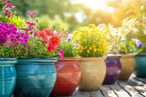 Many different beautiful blooming plants in colorful flowerpots on wooden bench outdoors photo