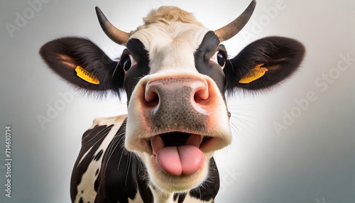surprised cow with goofy face mooing and looking at camera on white background close up portrait of funny animal photo