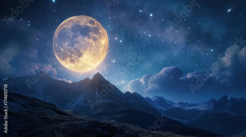  a full moon in the night sky over a mountain range with a mountain range in the foreground and a mountain range in the foreground with a few stars in the sky.