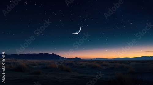  a view of a desert at night with the moon in the sky and a few stars in the sky above the desert, with a distant mountain range in the distance.