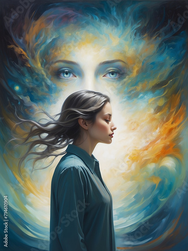 Woman in blue shirt closing her eyes and looking at herself objectively