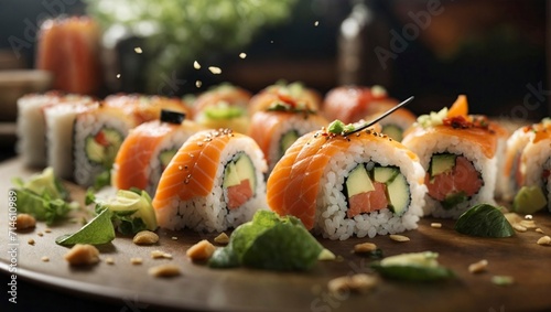 sushi  salmon Sushi rolls with salmon, avocado, cucumber and sesame seeds photo