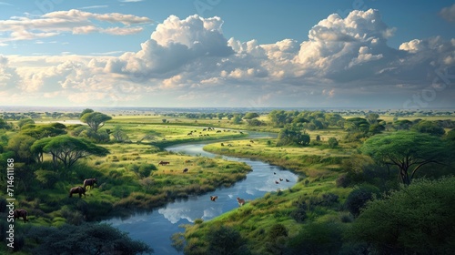  a painting of a river running through a lush green field next to a lush green field with trees and animals on the other side of the river and clouds in the sky.