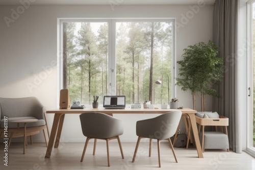 Scandinavian interior home design of modern workplace with tables, chairs and wooden decorations with forest view window © Basileus