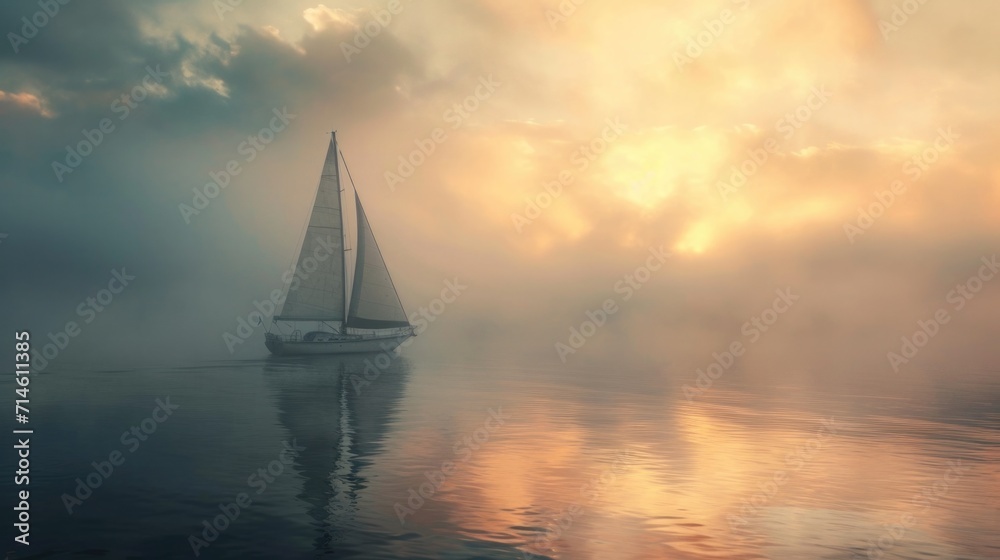 Sailboat sailing on beautiful misty day 