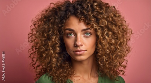 portrait of a fashion woman, curly hairs of a woman, portrait of a pretty young fashion model, pretty fashion girl in studio, curly haired woman